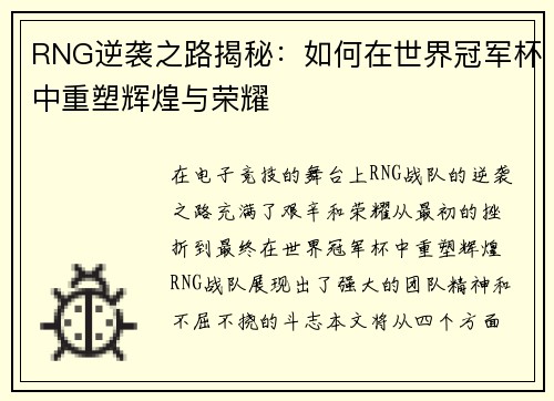 RNG逆袭之路揭秘：如何在世界冠军杯中重塑辉煌与荣耀