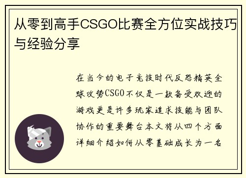 从零到高手CSGO比赛全方位实战技巧与经验分享